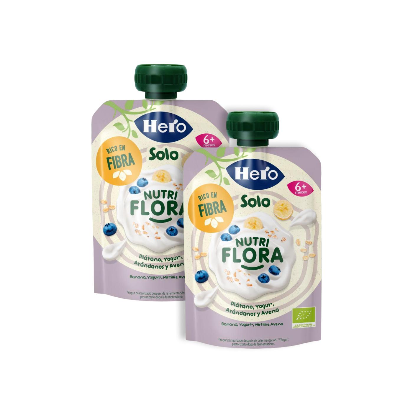 Pack promo 2x Bolsita Nutri Flora sabor Plátano, Arándanos, Yogur y Avena 100 g Hero Solo