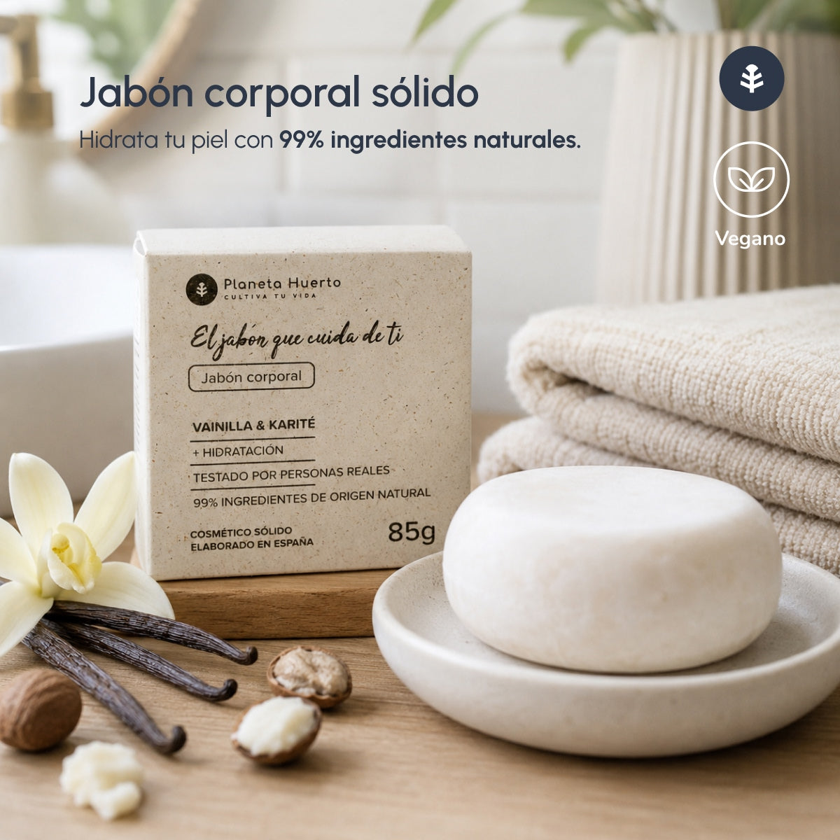 Feste Körperseife mit Vanille und Sheabutter Planeta Huerto 85 gr