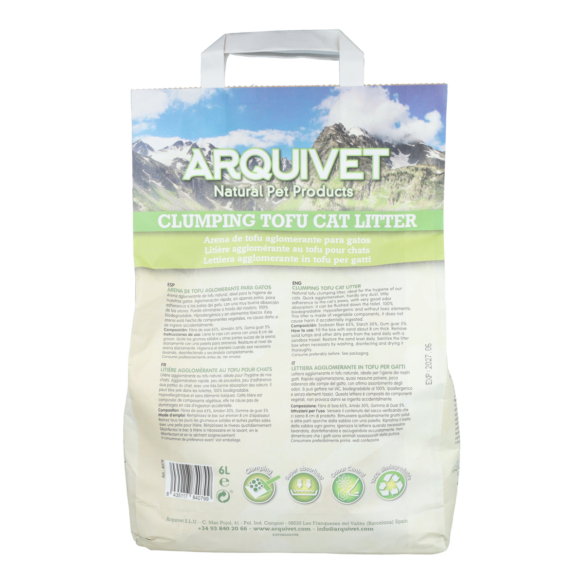 Tofu-Katzenstreu Arquivet 6 l Biologisch abbaubare Soja-Klumpstreu
