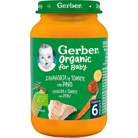 Tarrito de puré ecológico para bebés con Zanahoria, Tomate y Pavo Gerber 190 g