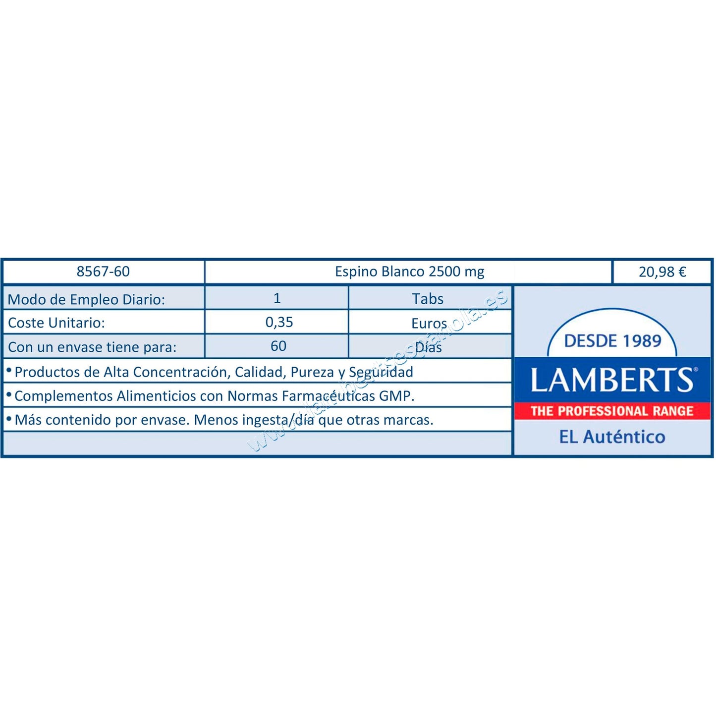 Espino Blanco 2.500 mg Lamberts, 60 tabletas