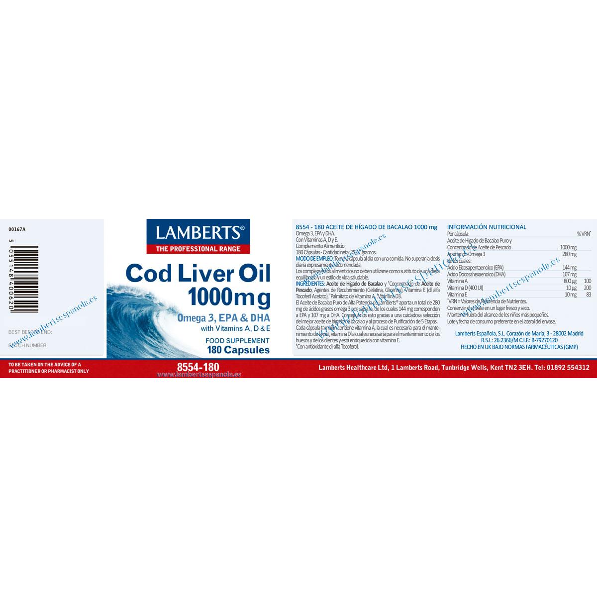 Aceite de Hígado de Bacalao Lamberts 180 cápsulas