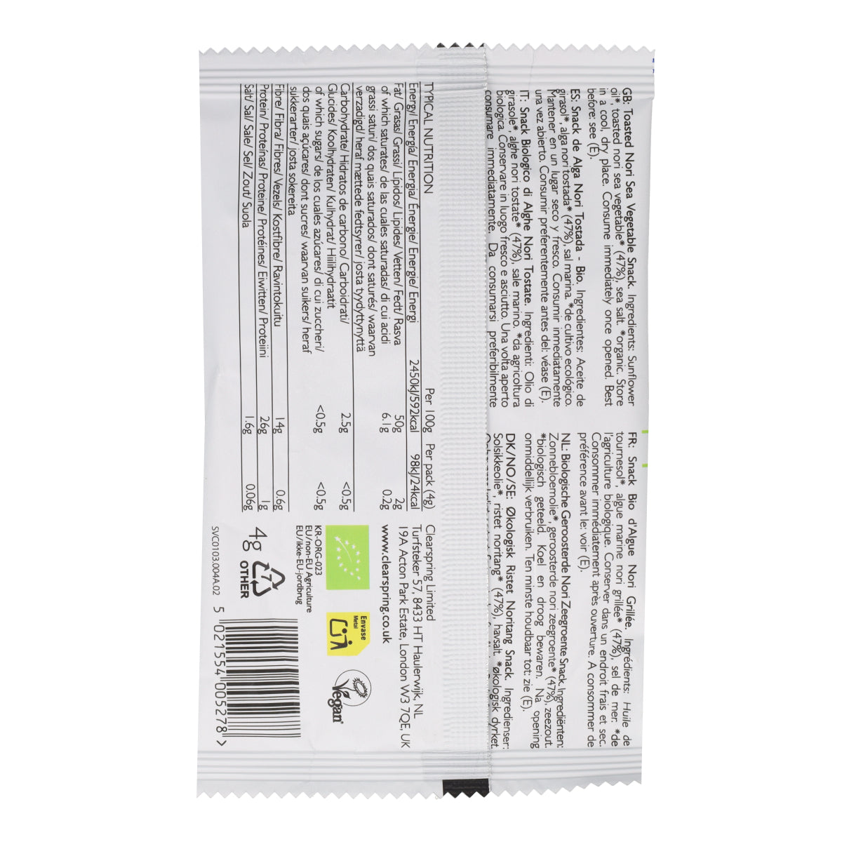 Bio-Snack aus gerösteten Nori-Algen von Clearspring 4 g