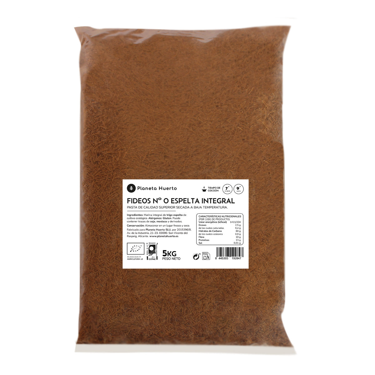 Fideos nº0 de espelta integral ECO Planeta Huerto 5 Kg