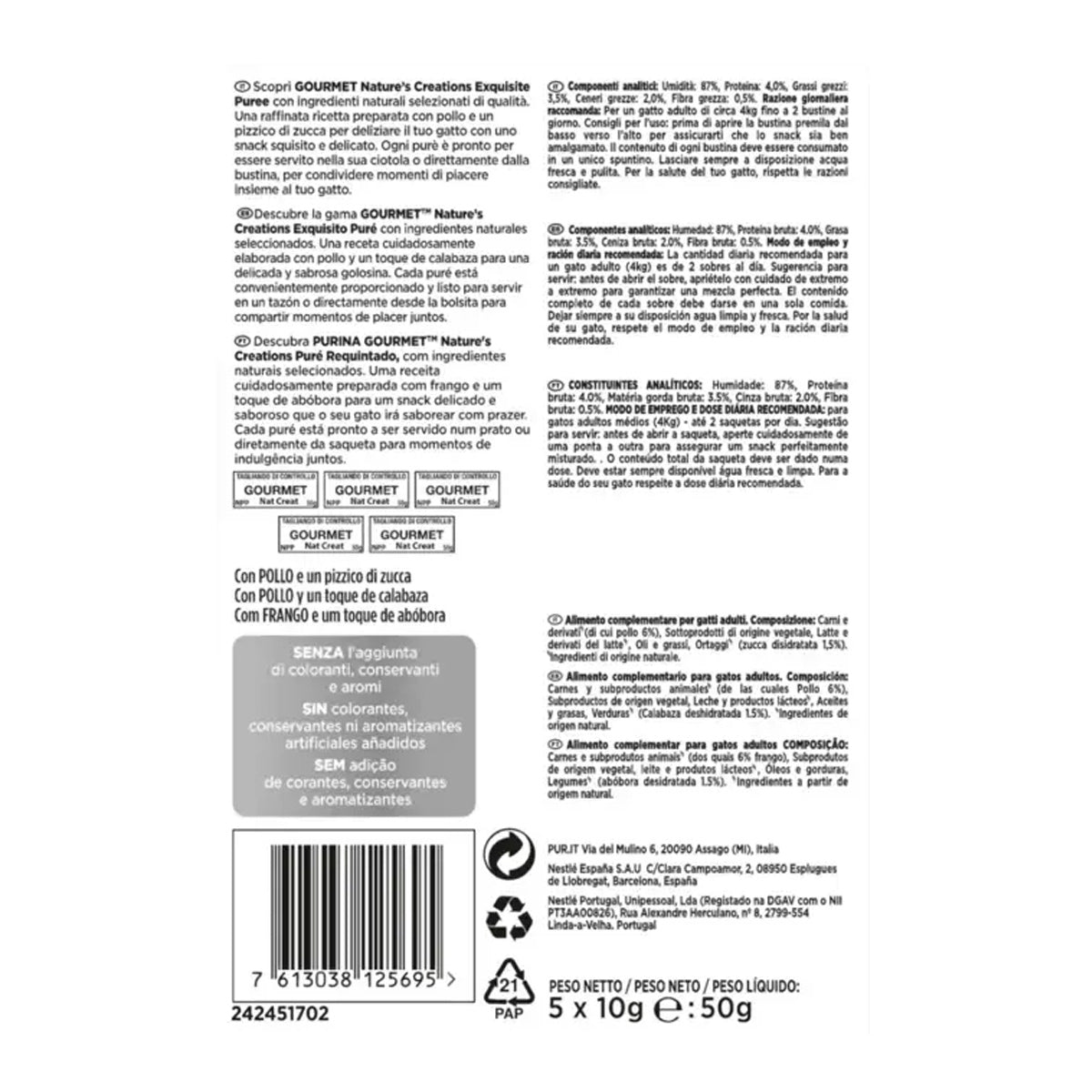 Pack 11 x GOURMET Nature's Creations Exquisito Puré Snack Liquido con Pollo y Calabaza 5x10g