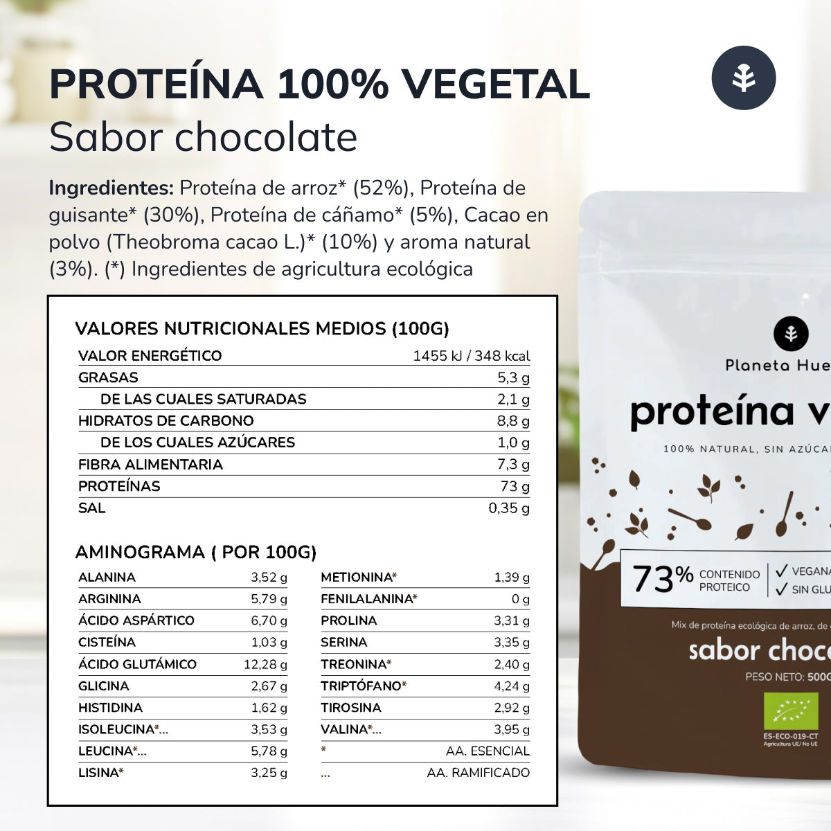 Proteína vegana ECO 73% chocolate Planeta Huerto  1Kg