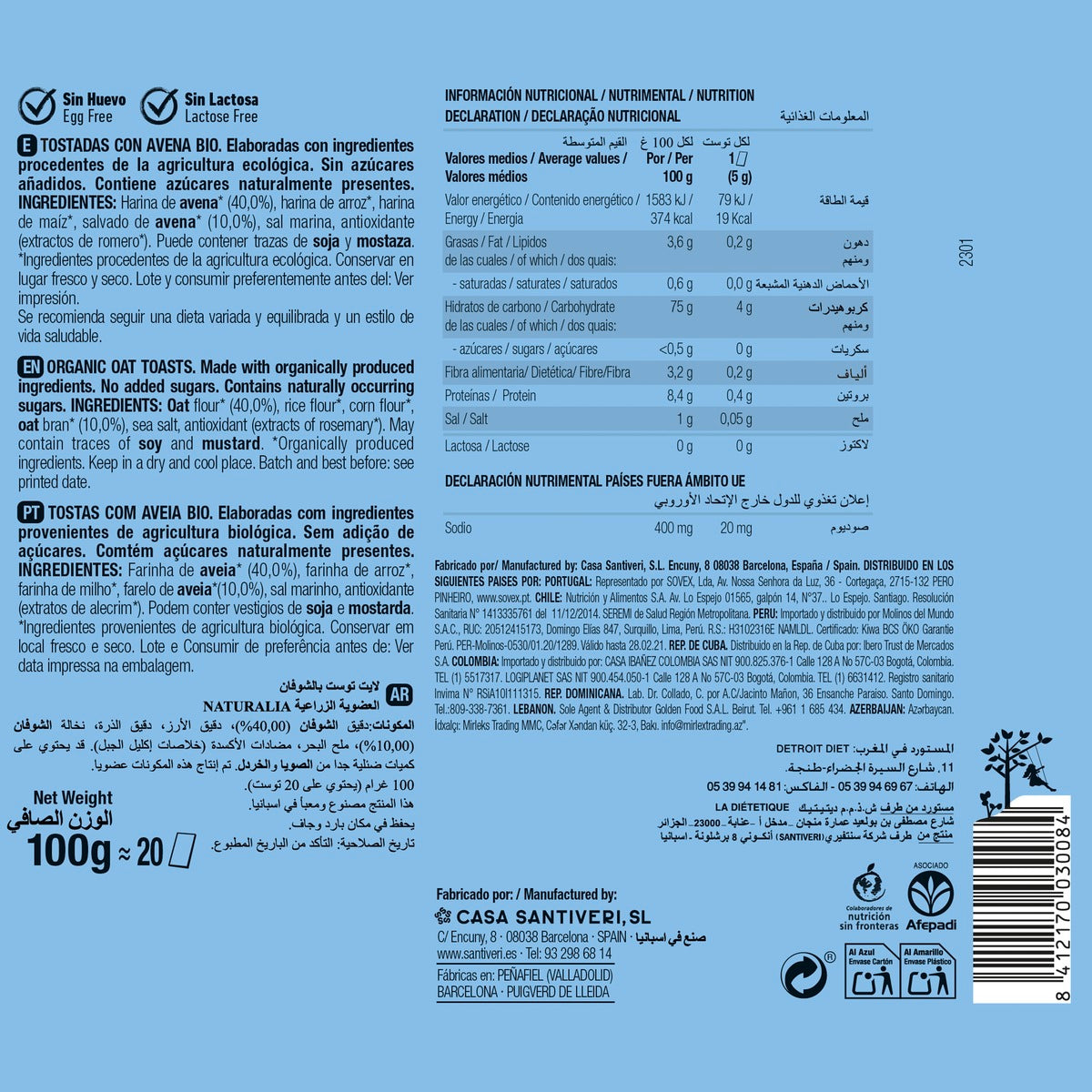 Leichte und knusprige Haferflocken-Toasts Santiveri 100 g