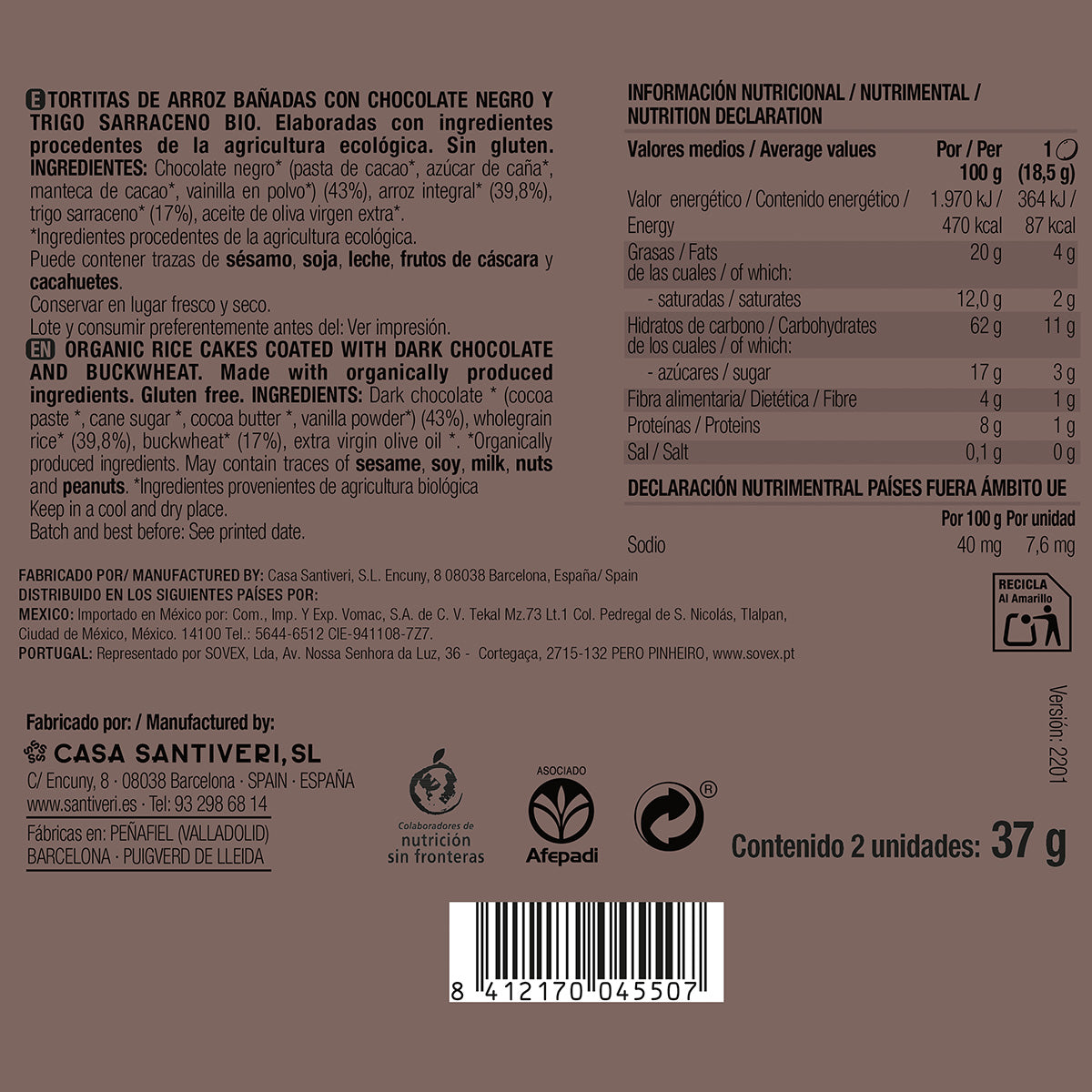 Reis- und Buchweizen-Waffeln mit dunkler Schokolade BIO 3x37 g.