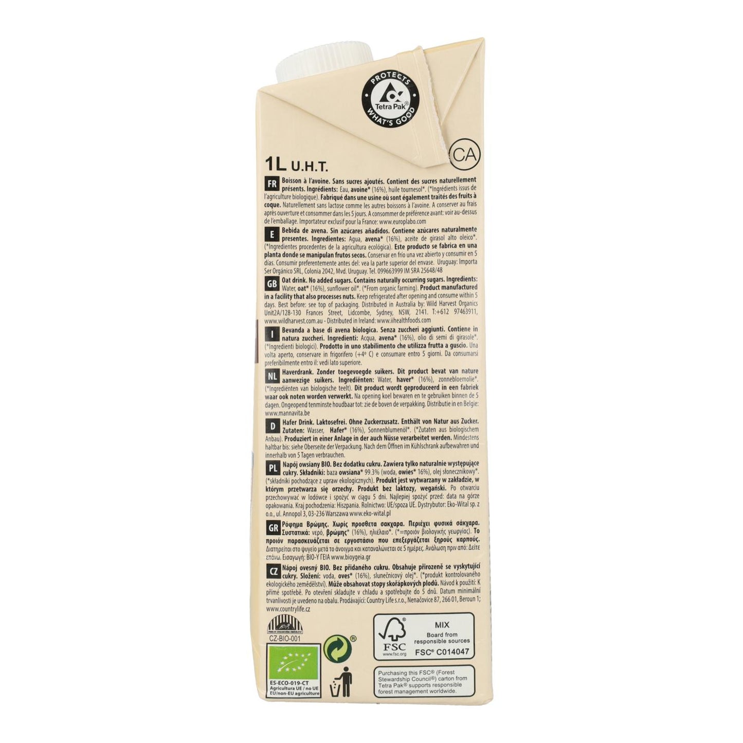 Bebida Vegetal de Avena Bio Sin azúcares añadidos Ecomil 1 L