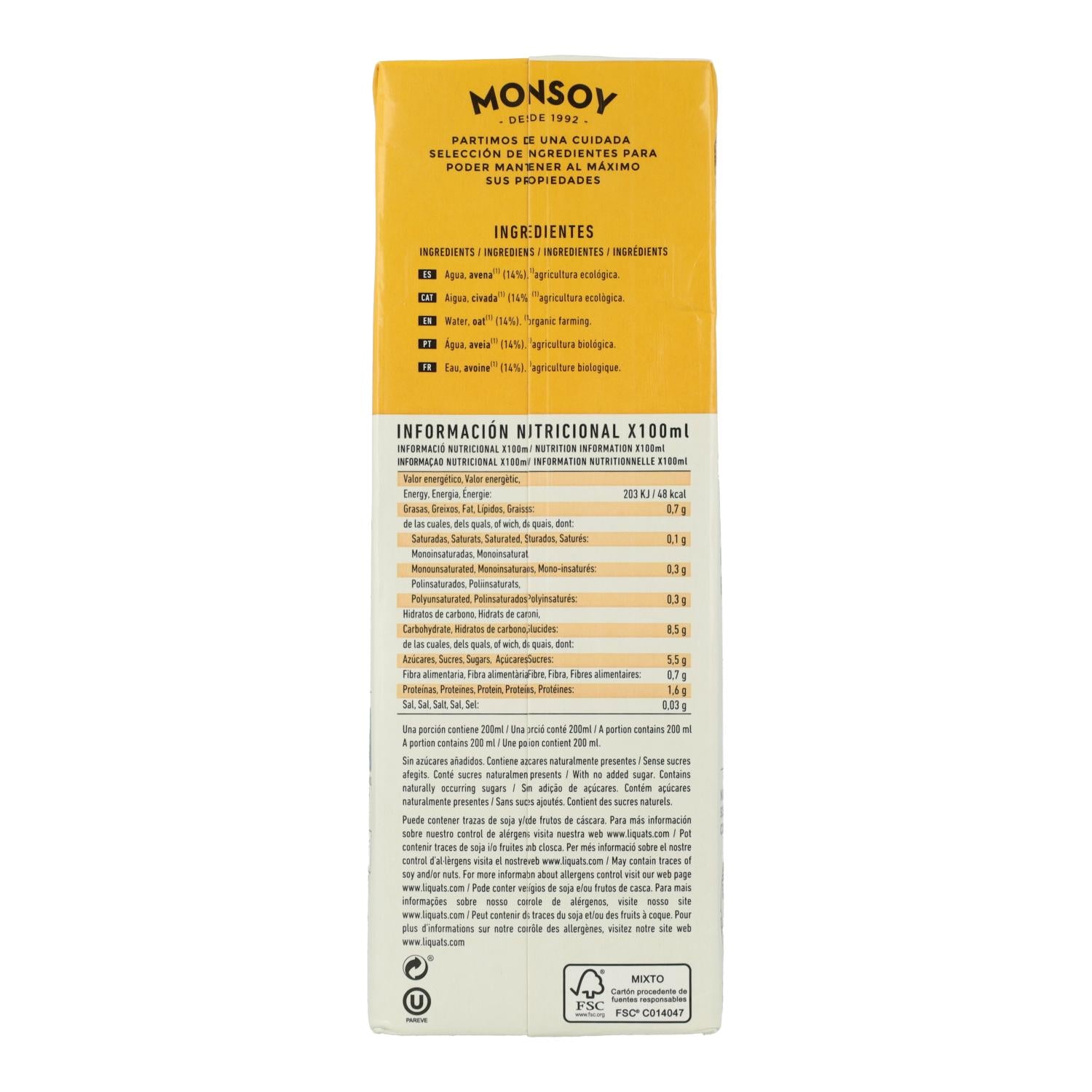 Bebida BIO de avena sin gluten Monsoy 1 L
