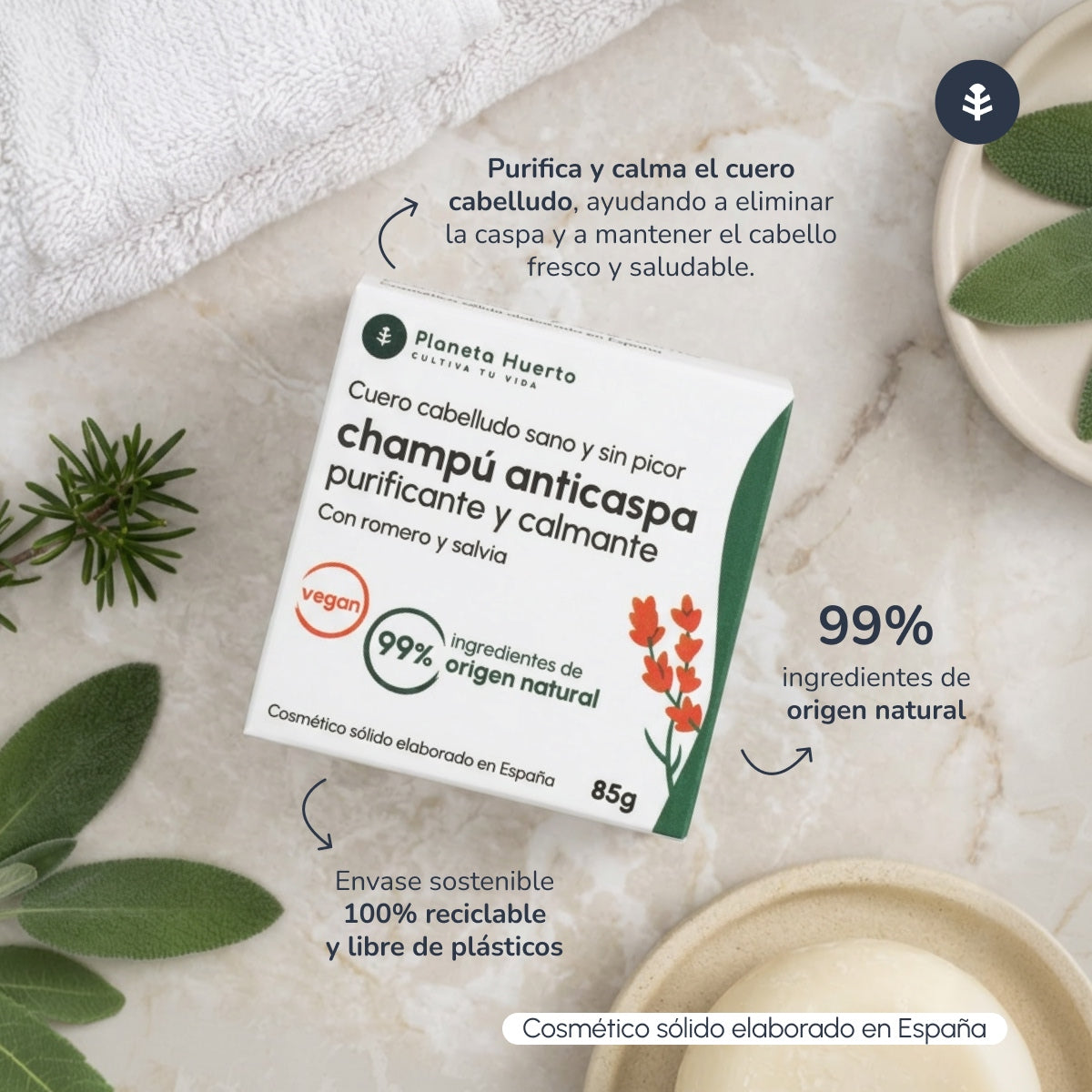Festes Anti-Schuppen-Shampoo mit Rosmarin und Salbei Planeta Huerto 85 g