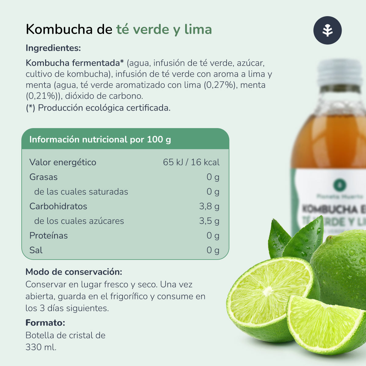 Kombucha ECO grüner Tee und Limette Planeta Huerto 330 ml