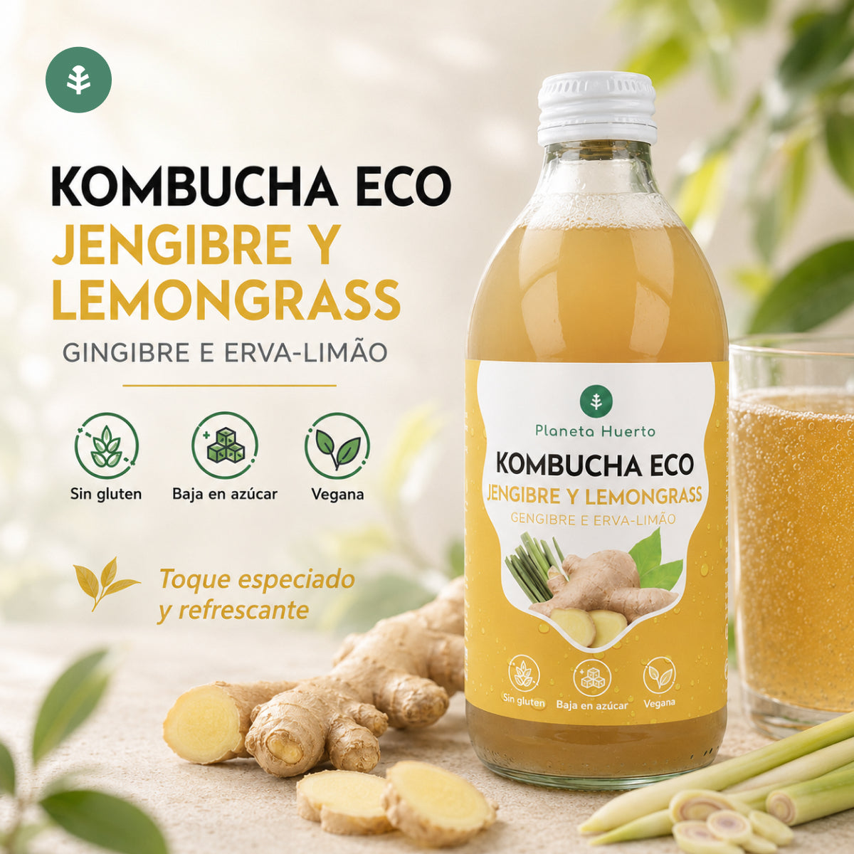 Kombucha ECO Ingwer und Zitronengras Planeta Huerto 330 ml