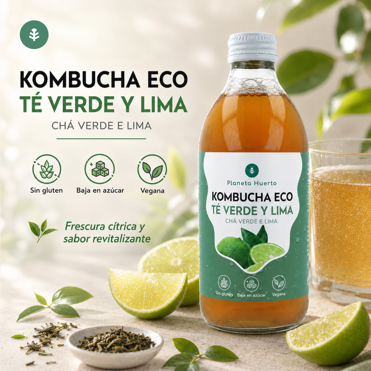 Kombucha ECO grüner Tee und Limette Planeta Huerto 330 ml