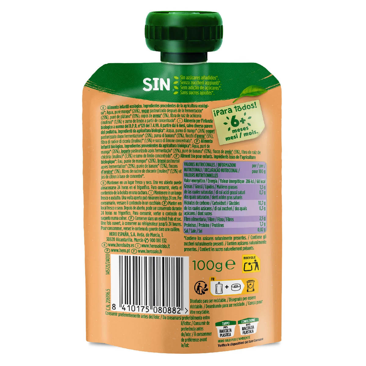 Beutel Nutri Flora mit Mango, Joghurt, Haferflocken und Banane 100 g Hero Solo
