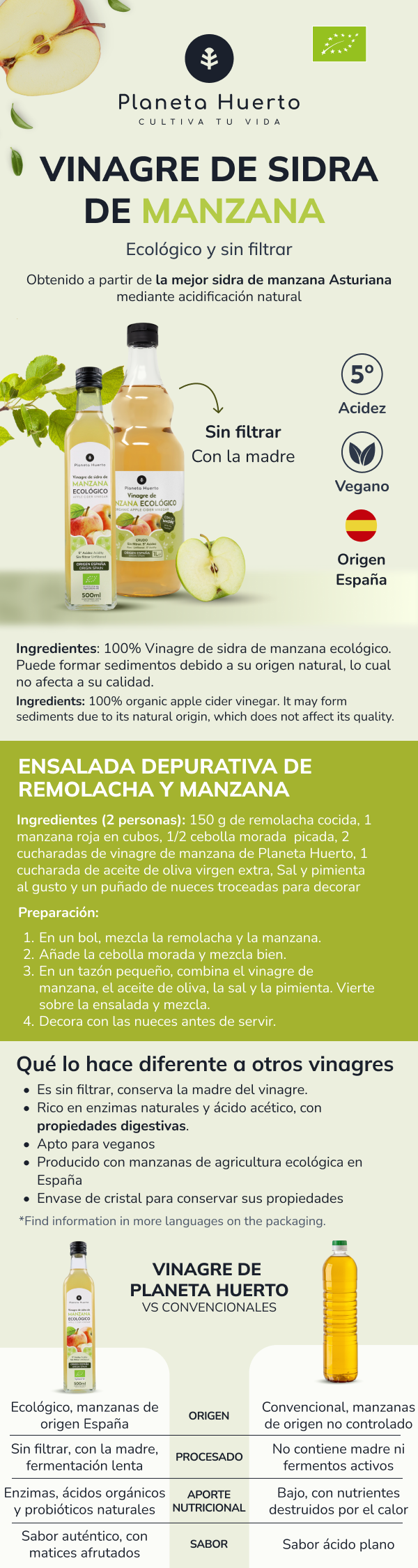2er-Packung ungefilterter Apfelessig ECO Planeta Huerto 500 ml