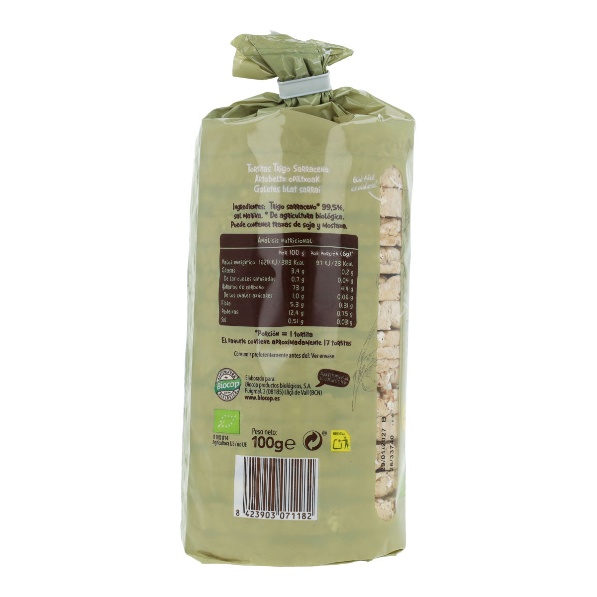 Tortitas 100% Trigo Sarraceno Biocop 100 g - ingredientes y valores nutricionales