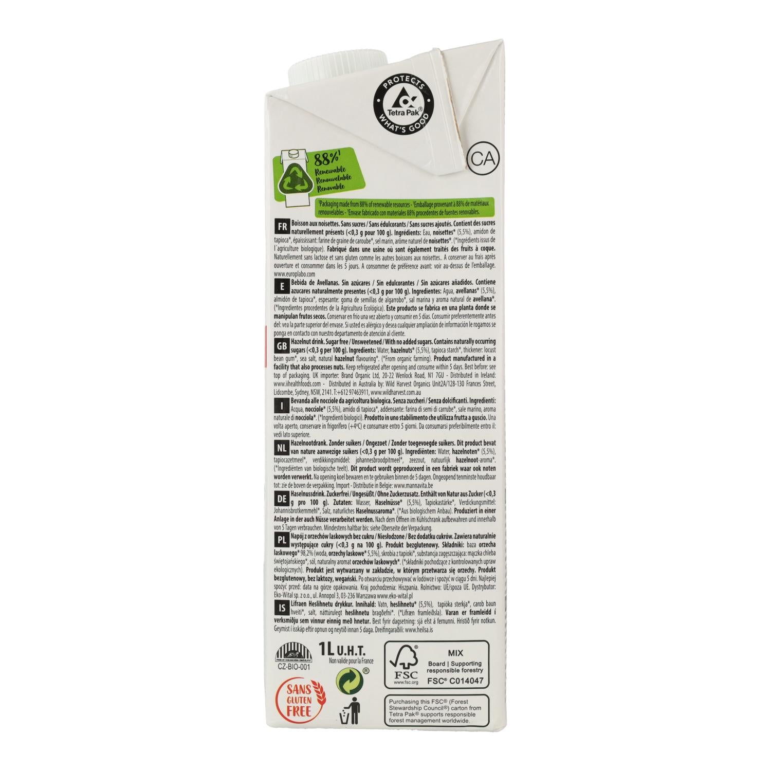 Bebida de Avellanas sin azúcar Ecomil 1 L