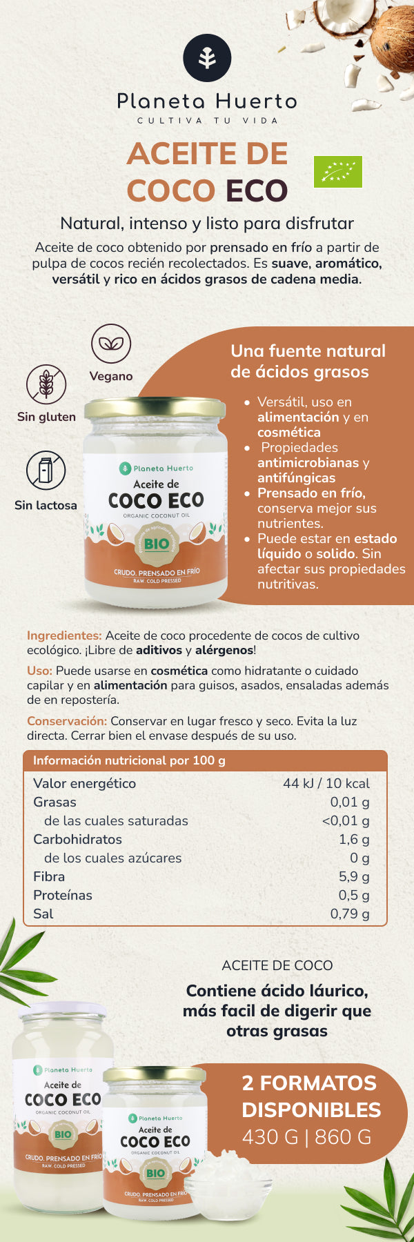 Pack 3x Natives Kokosnussöl ECO Planeta Huerto 1L