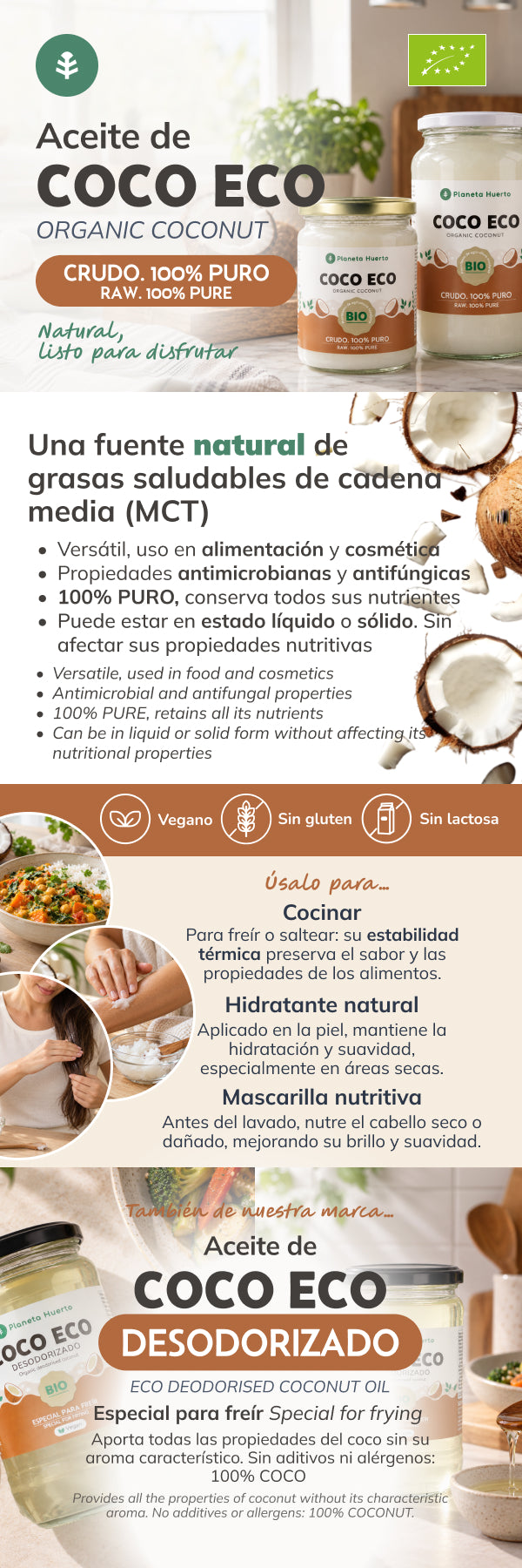 2er-Pack desodoriertes Kokosöl ECO Planeta Huerto 500 ml