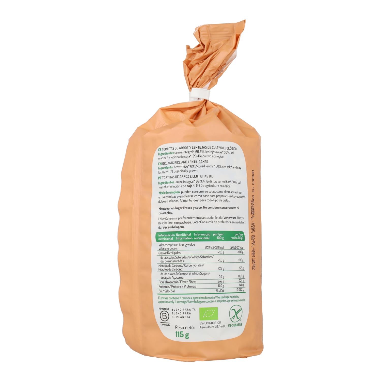 Tortitas de Arroz y Lentejas Sin Gluten Bio El Granero, 115 g
