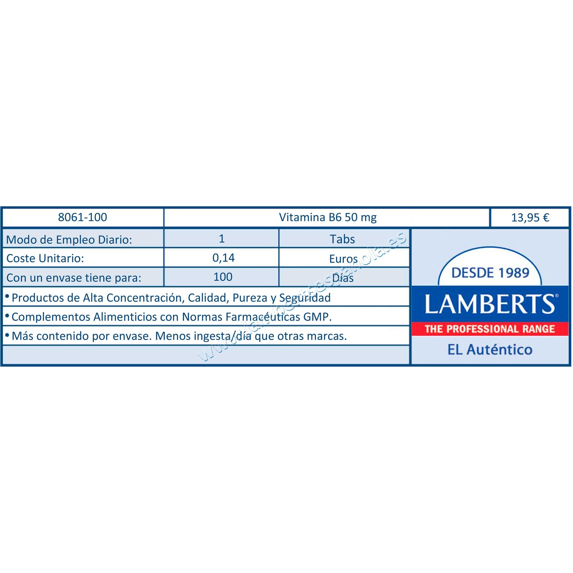 Vitamina B6 100 tabletas de 50mg, Lamberts