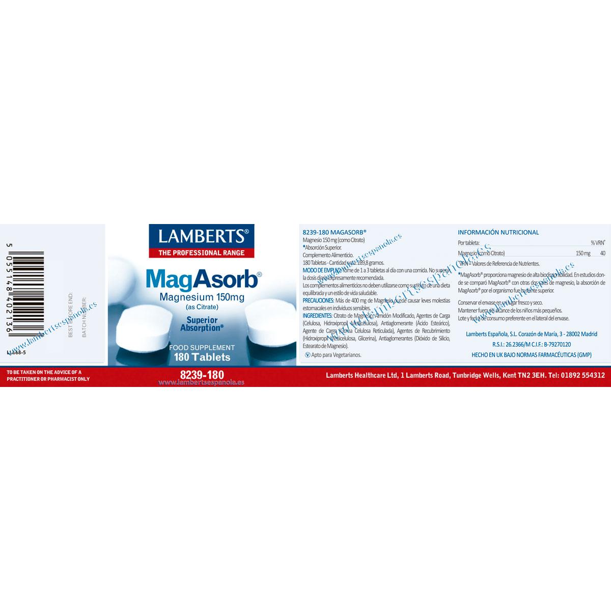 MagAsorb Lamberts 180 tabletas