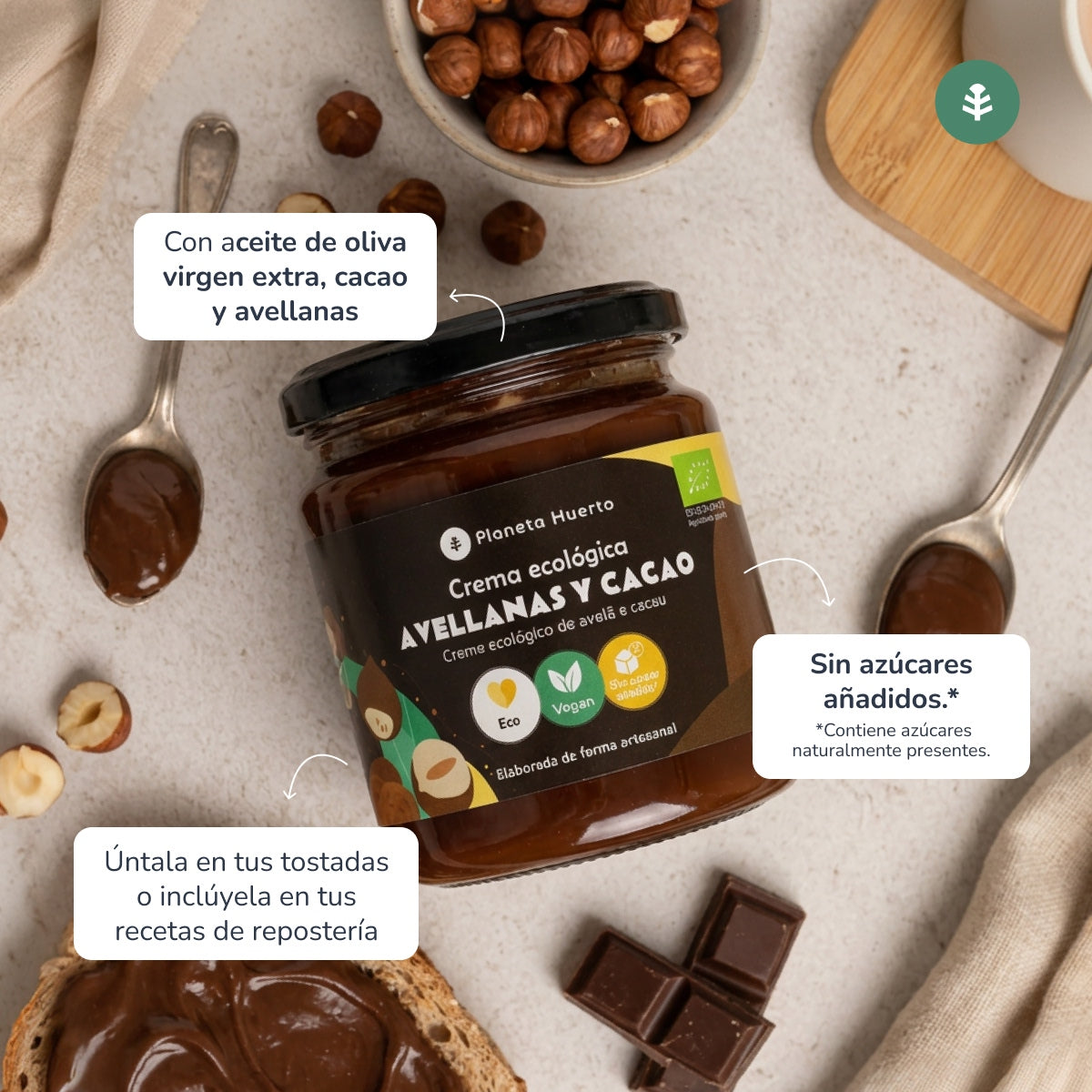 3er-Pack Haselnuss-Kakao-Creme ohne Zuckerzusatz ECO Planeta Huerto 230 g
