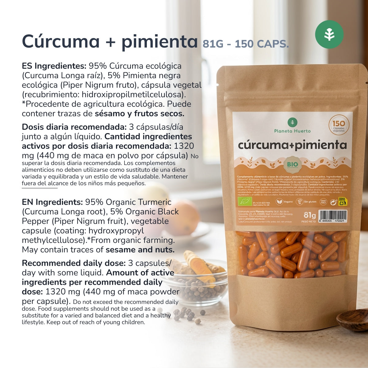 Bio-Kurkuma + Bio-Pfeffer Planeta Huerto 150 Kapseln