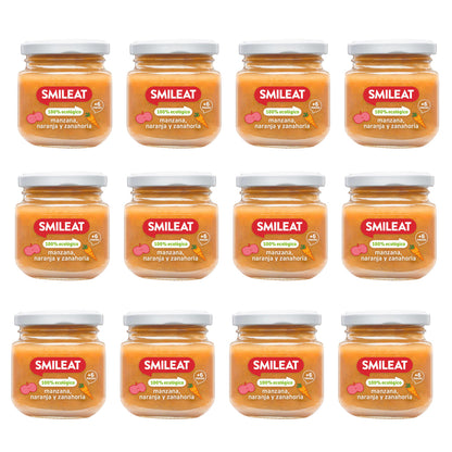 Pack 12x Tarrito de Manzana, Naranja y Zanahoria BIO +6 Meses Smileat, 130g