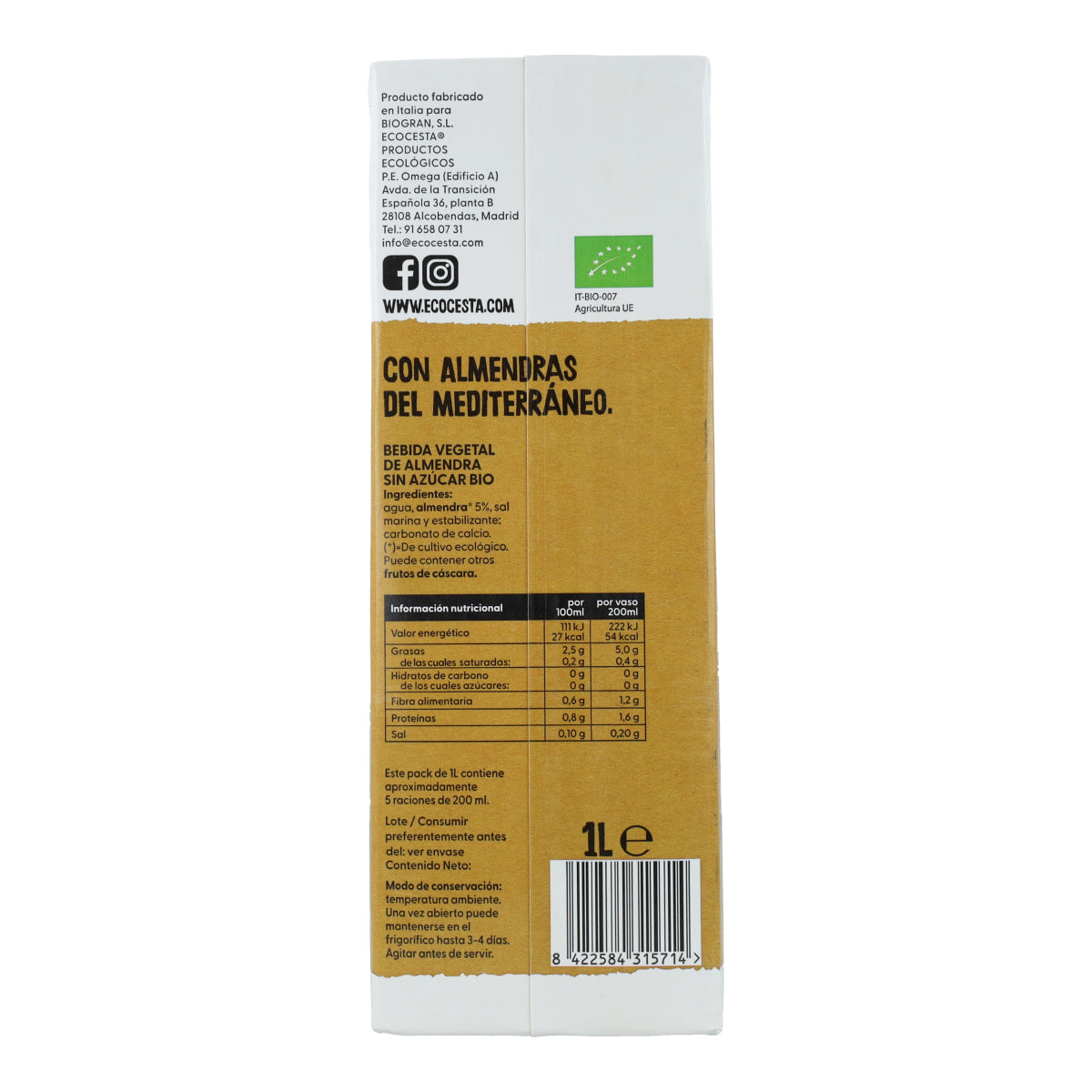 Bio-Mandelmilch 0 % Zucker, 1 l Ecocesta