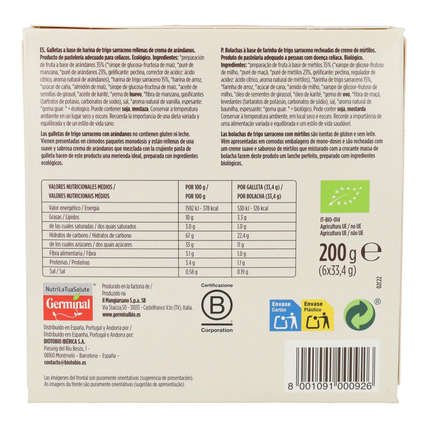 Galletas de arándano y trigo sarraceno sin gluten Germinal Bio 200 g