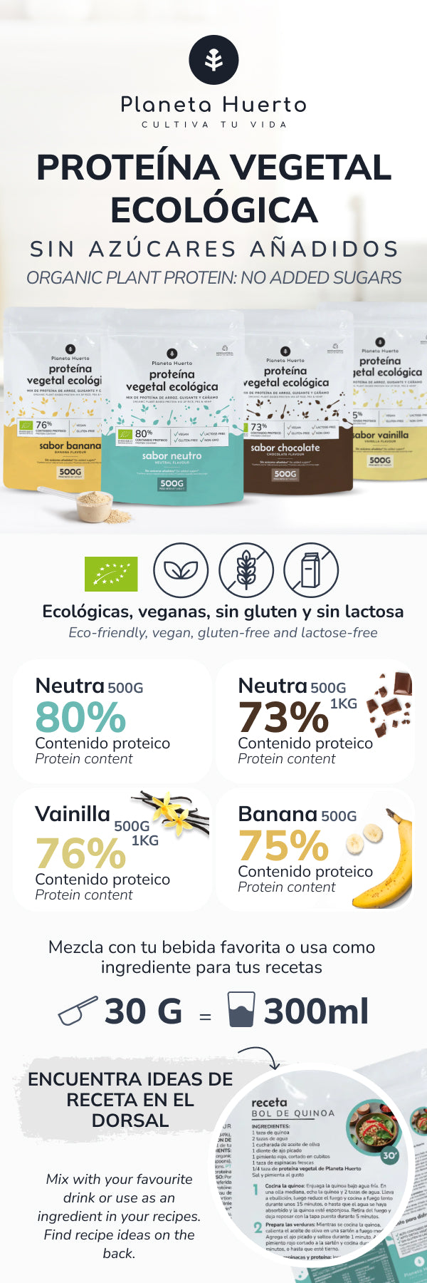 Pflanzliches Eiweiß ECO 73% Schokolade Planeta Huerto 500 g